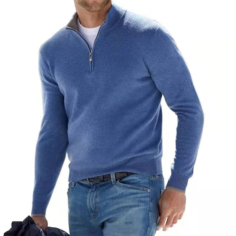 Dopasowany sweter ze stójką zapinaną na zamek – Niebieski