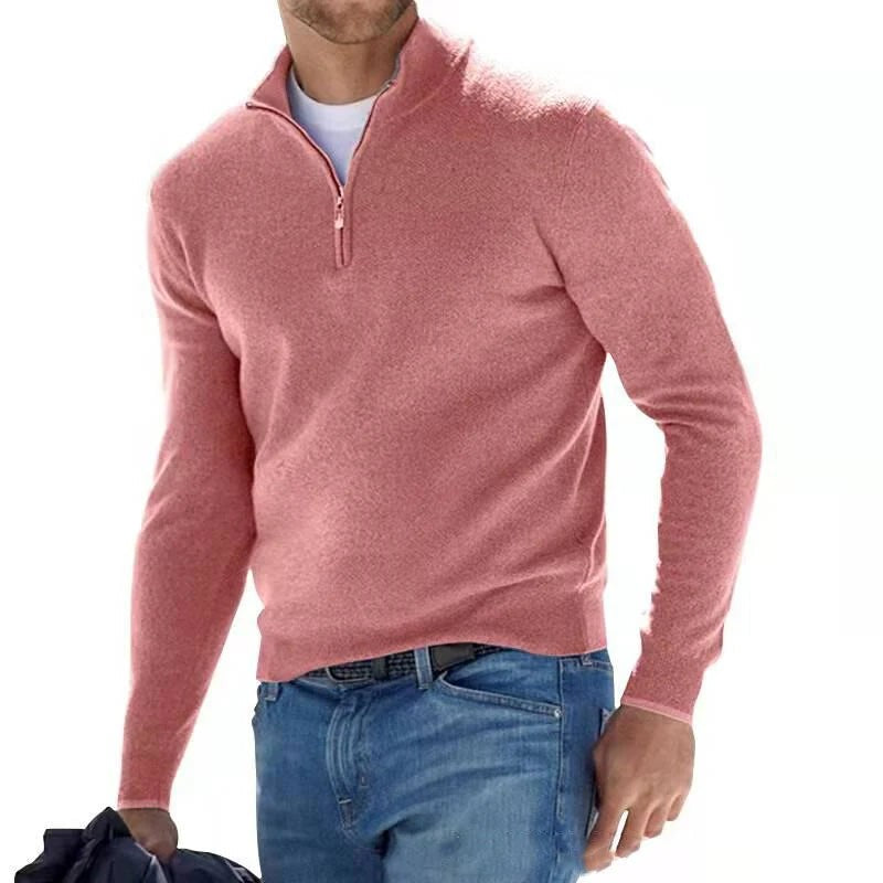Dopasowany sweter ze stójką zapinaną na zamek – Różowy