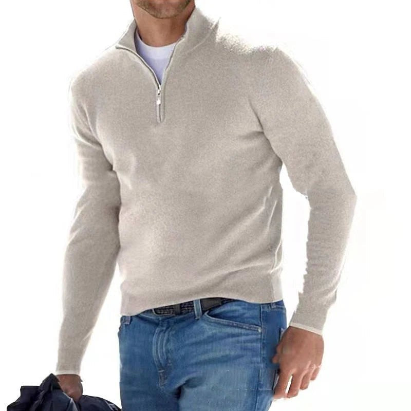 Dopasowany sweter ze stójką zapinaną na zamek – Beżowy