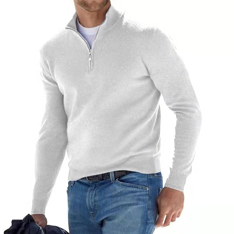 Dopasowany sweter ze stójką zapinaną na zamek – Biały