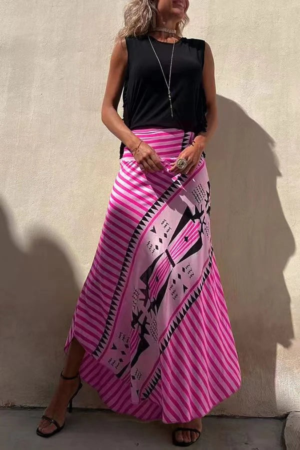 Spódnica maxi w linii A z geometrycznym wzorem – Różowy